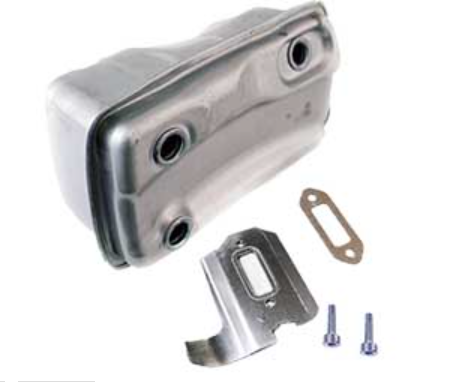 Metal muffler with gasket and bolts on a white background