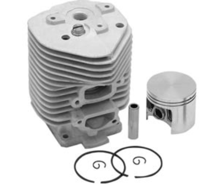 Engine cylinder head, piston, and gaskets on a white background